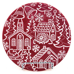 Plate-Pier 1 Imports-Christmas Theme-"Town Square"-Red-White-Embossed-Cookies-8"